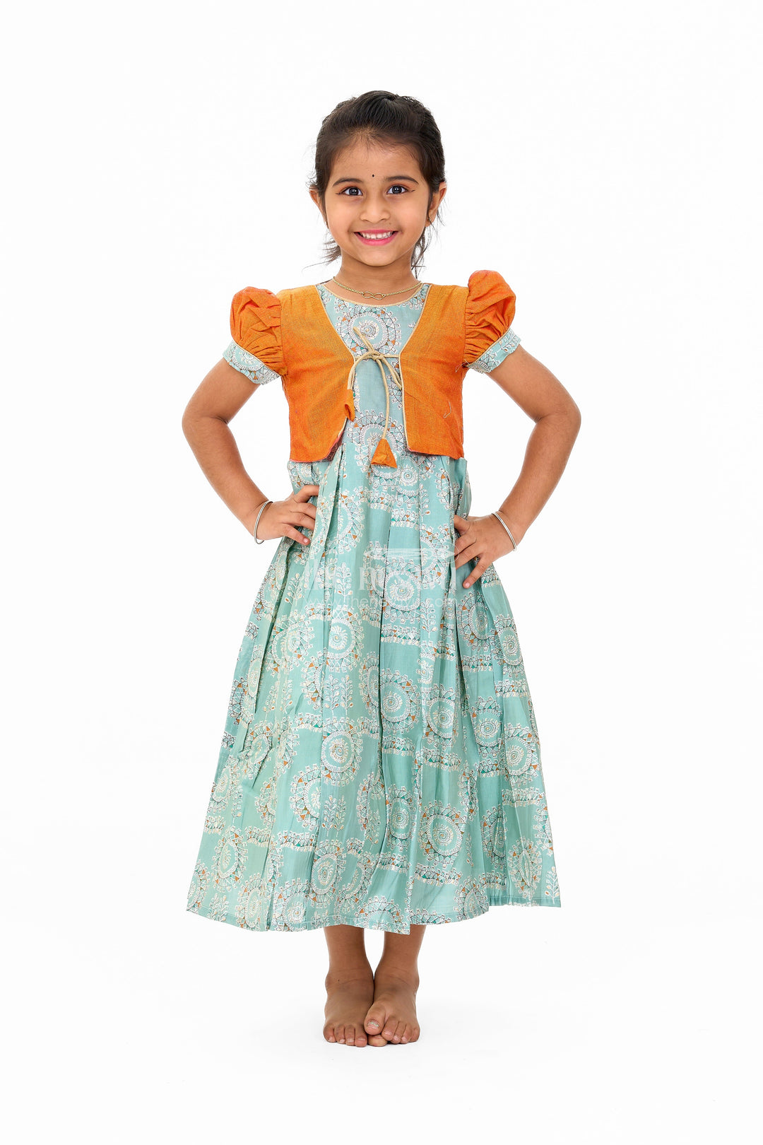 The Nesavu Girls Silk Gown Girls Blue Wedding Anarkali Dress with Traditional Prints and Contrast Orange Short Jacket Nesavu 16 (1Y) / Blue GA290A-16 Nesavu Girls Blue Wedding Anarkali Dress Traditional Prints Contrast Orange Short Jacket