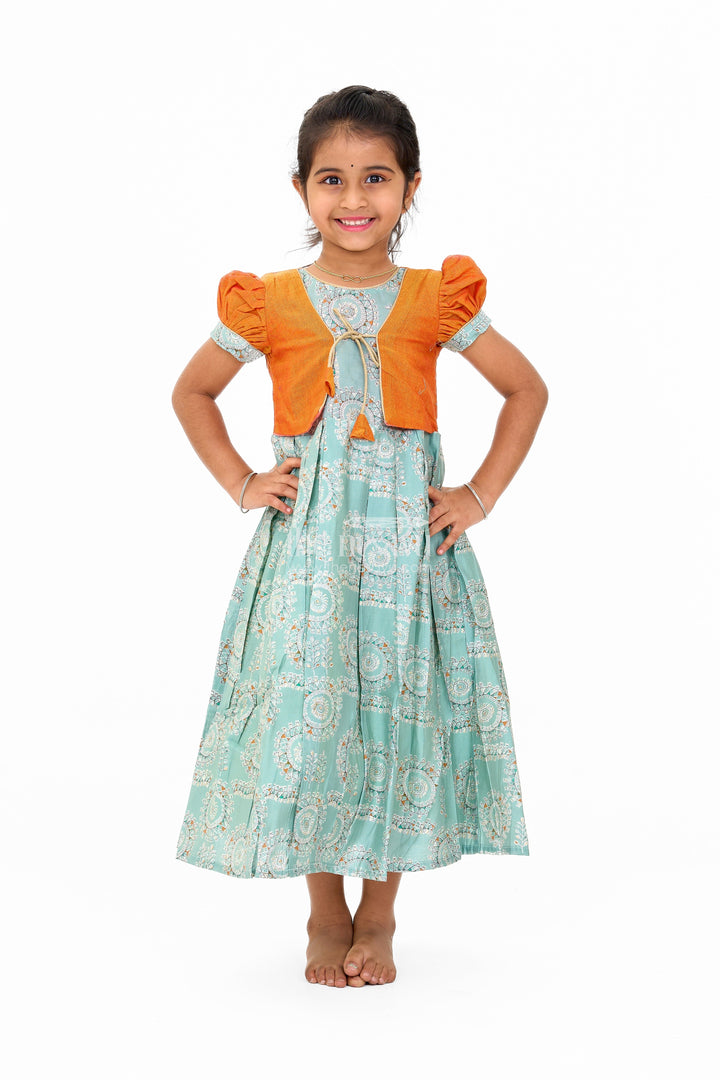 The Nesavu Girls Silk Gown Girls Blue Wedding Anarkali Dress with Traditional Prints and Contrast Orange Short Jacket Nesavu 16 (1Y) / Blue GA290A-16 Nesavu Girls Blue Wedding Anarkali Dress Traditional Prints Contrast Orange Short Jacket