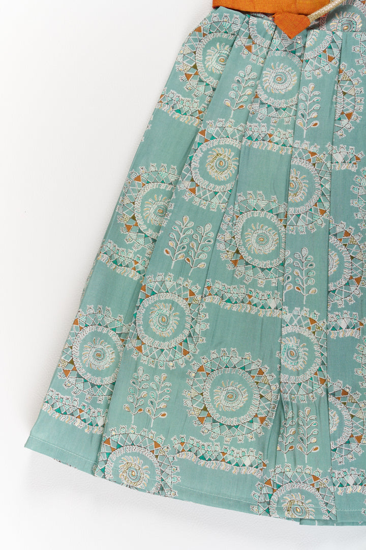 The Nesavu Girls Silk Gown Girls Blue Wedding Anarkali Dress with Traditional Prints and Contrast Orange Short Jacket Nesavu Nesavu Girls Blue Wedding Anarkali Dress Traditional Prints Contrast Orange Short Jacket