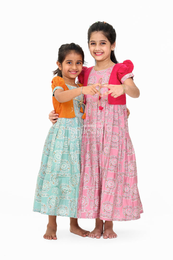 The Nesavu Girls Silk Gown Girls Blue Wedding Anarkali Dress with Traditional Prints and Contrast Orange Short Jacket Nesavu Nesavu Girls Blue Wedding Anarkali Dress Traditional Prints Contrast Orange Short Jacket