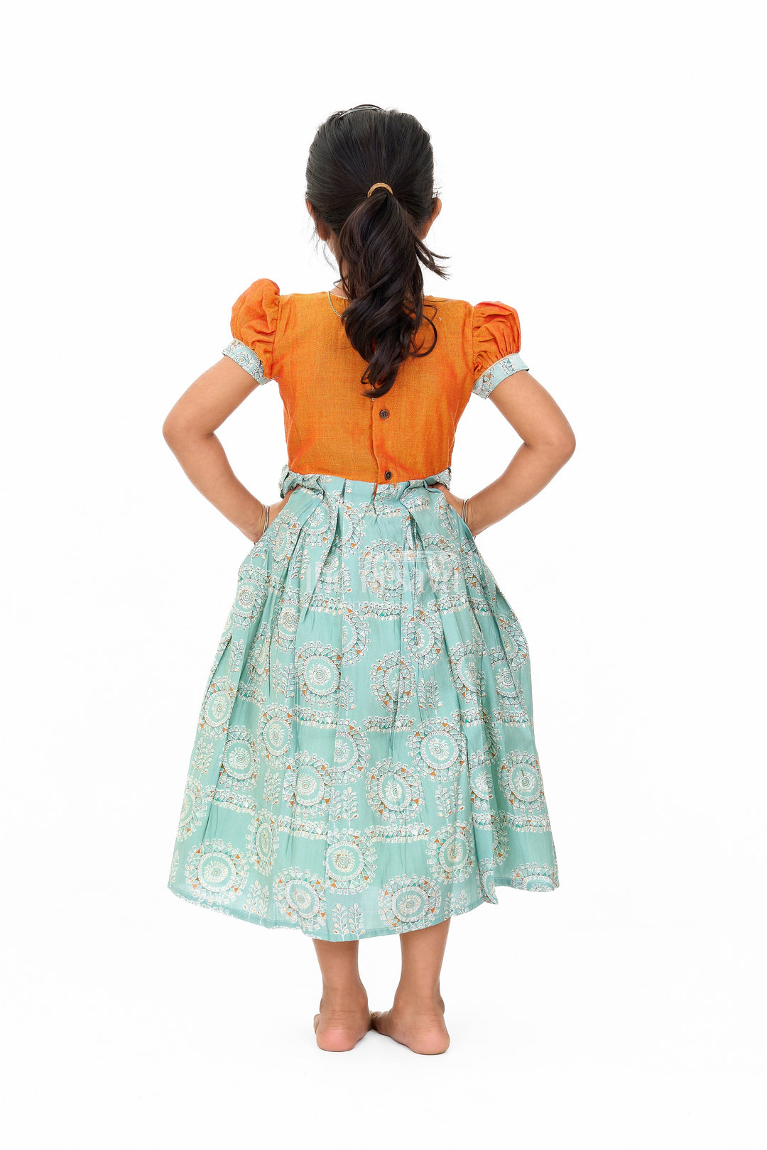 The Nesavu Girls Silk Gown Girls Blue Wedding Anarkali Dress with Traditional Prints and Contrast Orange Short Jacket Nesavu Nesavu Girls Blue Wedding Anarkali Dress Traditional Prints Contrast Orange Short Jacket