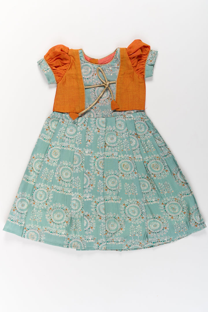 The Nesavu Girls Silk Gown Girls Blue Wedding Anarkali Dress with Traditional Prints and Contrast Orange Short Jacket Nesavu Nesavu Girls Blue Wedding Anarkali Dress Traditional Prints Contrast Orange Short Jacket