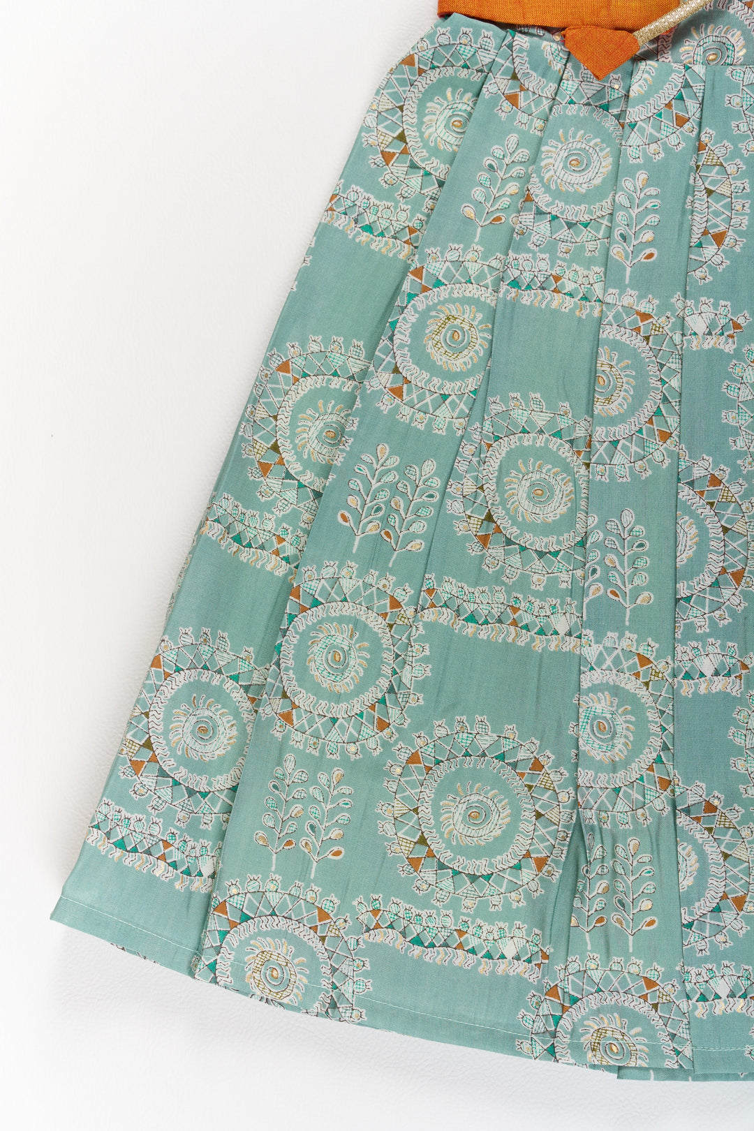 The Nesavu Girls Silk Gown Girls Blue Wedding Anarkali Dress with Traditional Prints and Contrast Orange Short Jacket Nesavu Nesavu Girls Blue Wedding Anarkali Dress Traditional Prints Contrast Orange Short Jacket