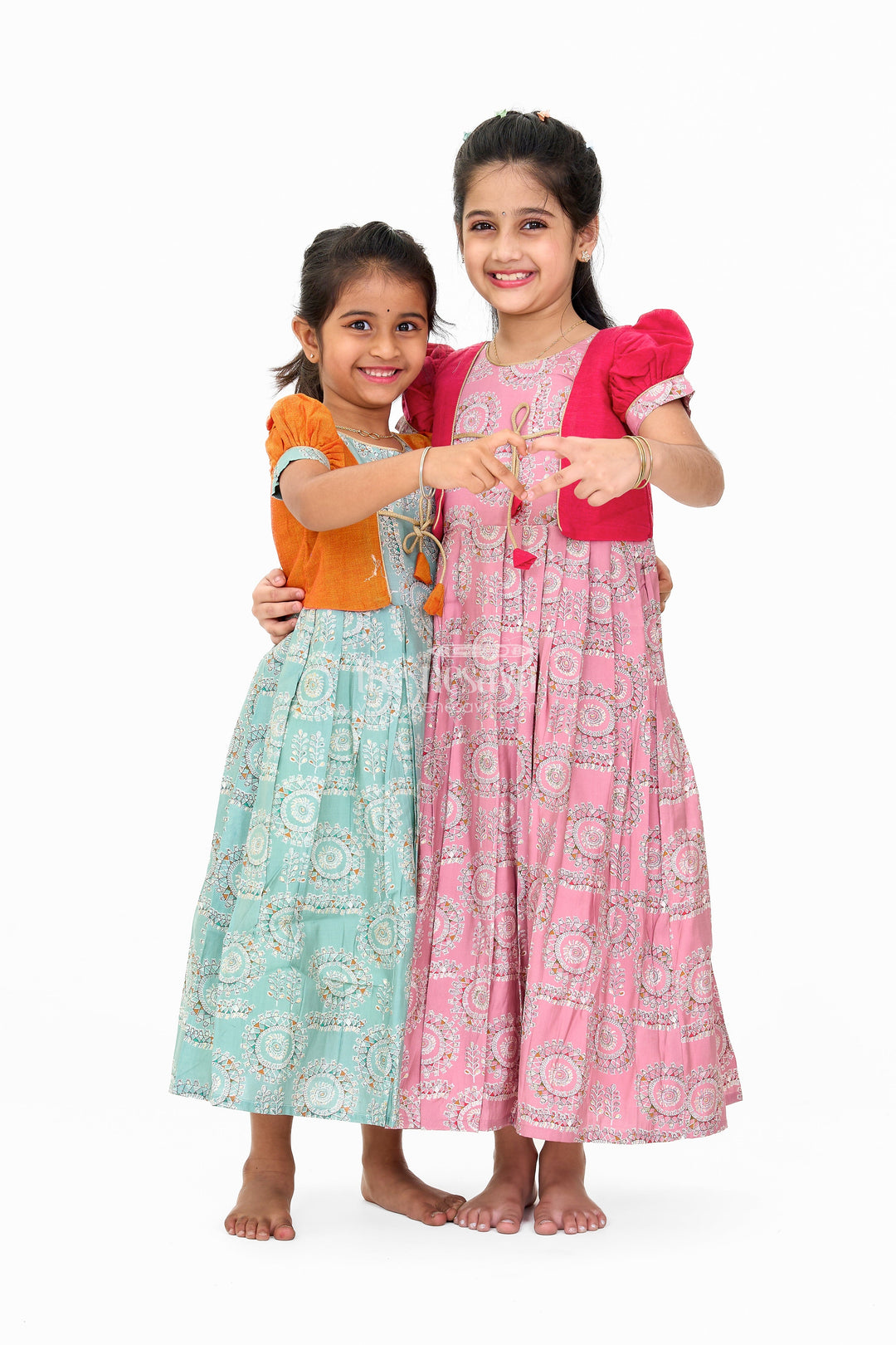 The Nesavu Girls Silk Gown Girls Blue Wedding Anarkali Dress with Traditional Prints and Contrast Orange Short Jacket Nesavu Nesavu Girls Blue Wedding Anarkali Dress Traditional Prints Contrast Orange Short Jacket