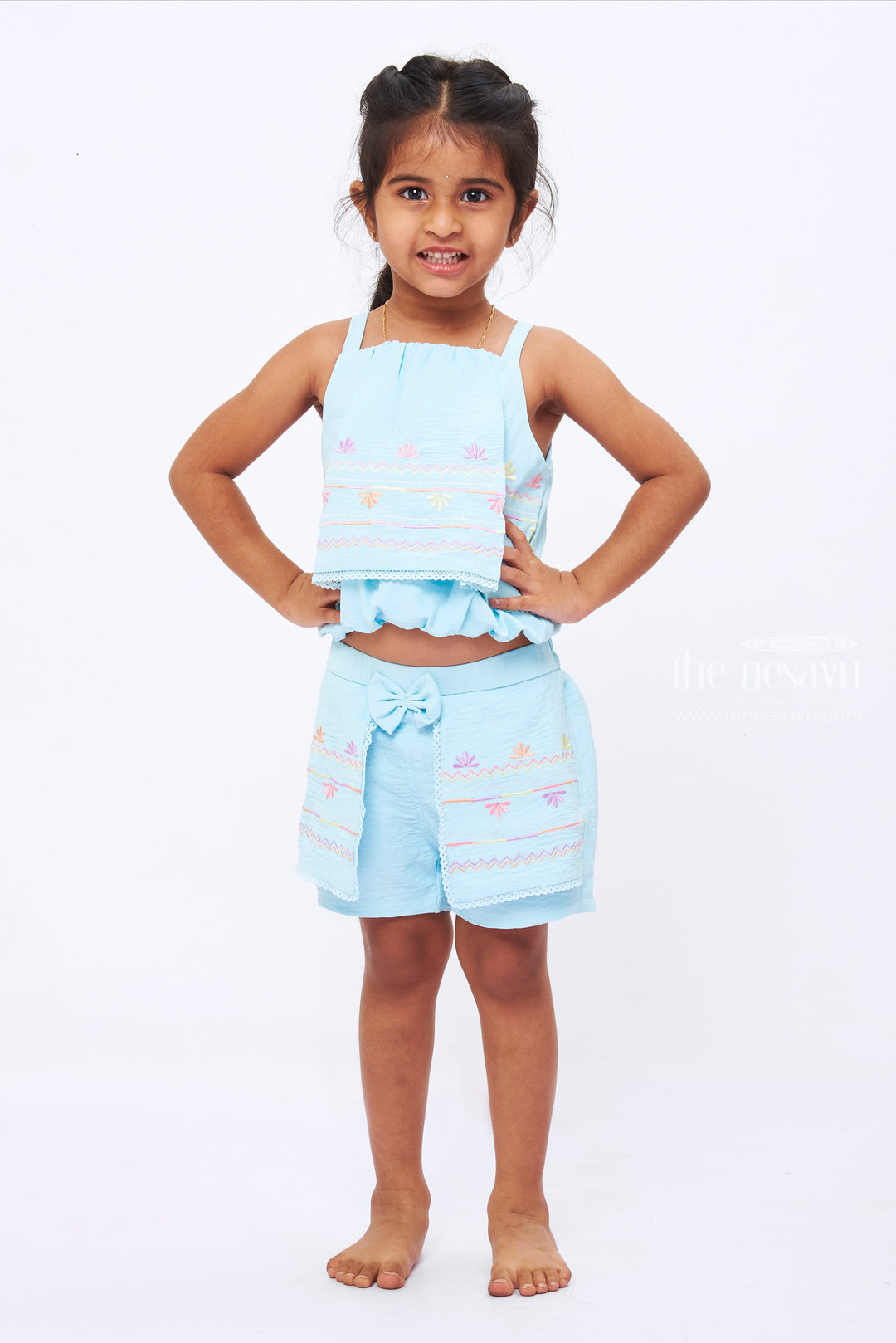 The Nesavu Baby Casual Sets Girls Breezy Floral Top and Shorts Set - Summer Delight in Soft Blue Nesavu 18 (2Y) / Blue BFJ511A-18 Embroidered Floral Top and Shorts Set for Girls | Soft Blue Summer Wear | The Nesavu
