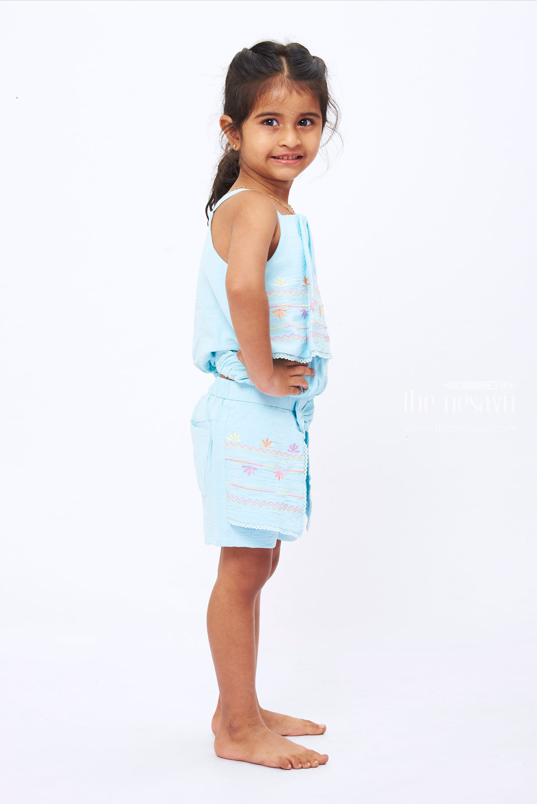 The Nesavu Baby Casual Sets Girls Breezy Floral Top and Shorts Set - Summer Delight in Soft Blue Nesavu Embroidered Floral Top and Shorts Set for Girls | Soft Blue Summer Wear | The Nesavu