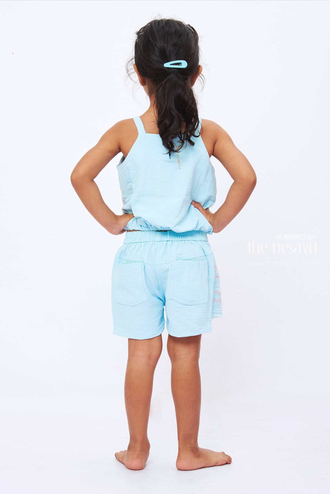 The Nesavu Baby Casual Sets Girls Breezy Floral Top and Shorts Set - Summer Delight in Soft Blue Nesavu Embroidered Floral Top and Shorts Set for Girls | Soft Blue Summer Wear | The Nesavu