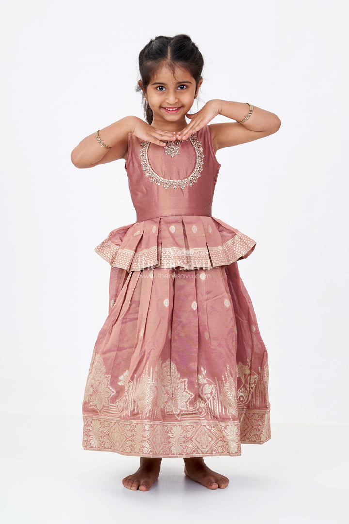 The Nesavu Girls Silk Gown Girls Brown Anarkali Dress in Banarasi Kora Tissue Silk with Zari Border and Embroidered Yoke Design Nesavu 18 (2Y) / Brown GA306A-18 Nesavu Girls brown Anarkali Dress Banarasi Silk Zari Border Embroidered Bodice
