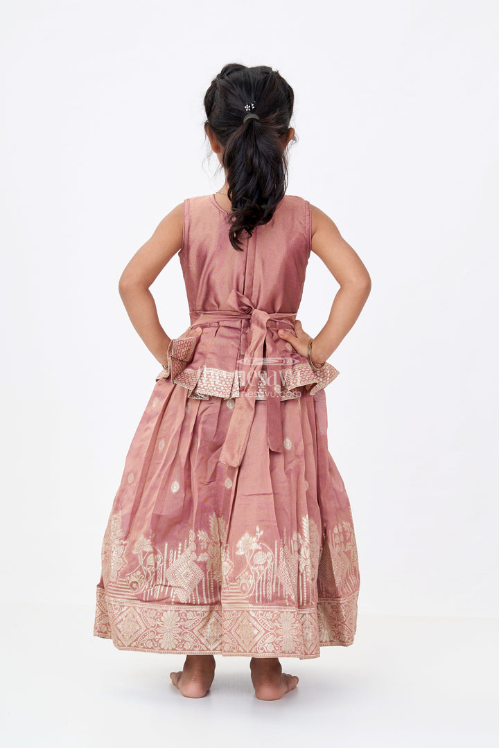 The Nesavu Girls Silk Gown Girls Brown Anarkali Dress in Banarasi Kora Tissue Silk with Zari Border and Embroidered Yoke Design Nesavu Nesavu Girls brown Anarkali Dress Banarasi Silk Zari Border Embroidered Bodice