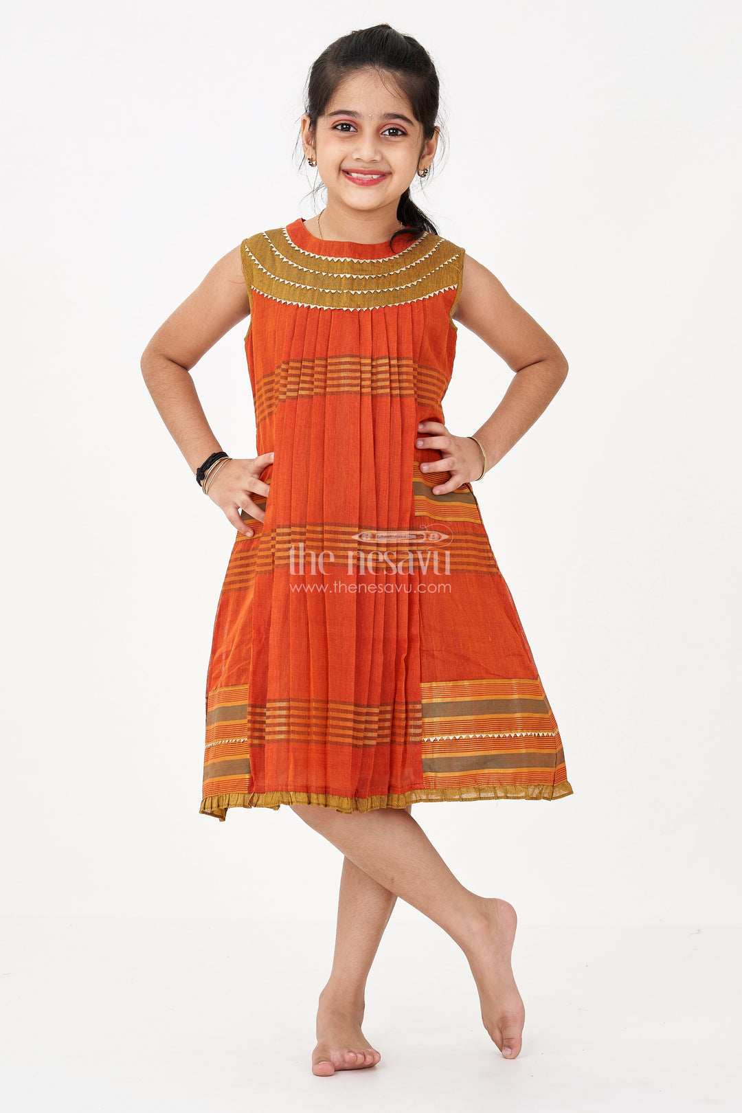 The Nesavu Girls Cotton Frock Girls Brown Color Frock in Mangalgiri Cotton with Traditional Stripes and Ornate Yoke Design Nesavu 22 (4Y) / Brown GFC1672B-22 Nesavu Girls Brown Mangalgiri Cotton Frock Traditional Striped Design Embroidered Yoke