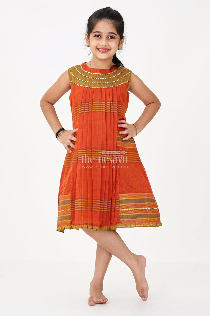 The Nesavu Girls Cotton Frock Girls Brown Color Frock in Mangalgiri Cotton with Traditional Stripes and Ornate Yoke Design Nesavu 22 (4Y) / Brown GFC1672B-22 Nesavu Girls Brown Mangalgiri Cotton Frock Traditional Striped Design Embroidered Yoke