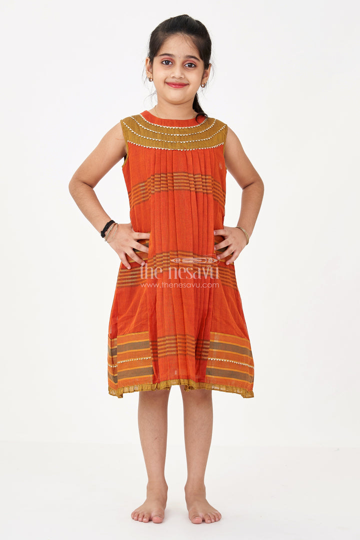 The Nesavu Girls Cotton Frock Girls Brown Color Frock in Mangalgiri Cotton with Traditional Stripes and Ornate Yoke Design Nesavu Nesavu Girls Brown Mangalgiri Cotton Frock Traditional Striped Design Embroidered Yoke