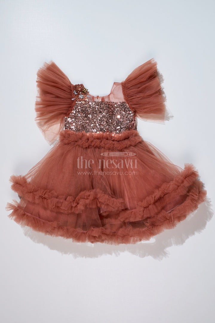 The Nesavu Girls Fancy Party Frock Girls Brown Party Short Frock with Shimmering Sequin Bodice and Layered Net Skirt Nesavu 16 (1Y) / Brown PF198B-16 Nesavu Brown Short Party Frock Girls Sequin Floral Bodice Layered Ruffles