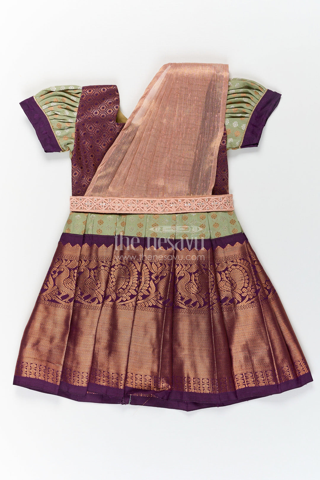 The Nesavu Girls Kanchi Silk Frock Girls Brown Silk Dress in Semi Kanchivaram with Rich Thread Embroidery and Lace Embellished Dupatta Nesavu 16 (1Y) / Green / Style 1 SF846AA-16 Nesavu Girls Brown Silk Dress in Semi Kanchivaram with Embroidered Dupatta and Traditional Zari Patterns