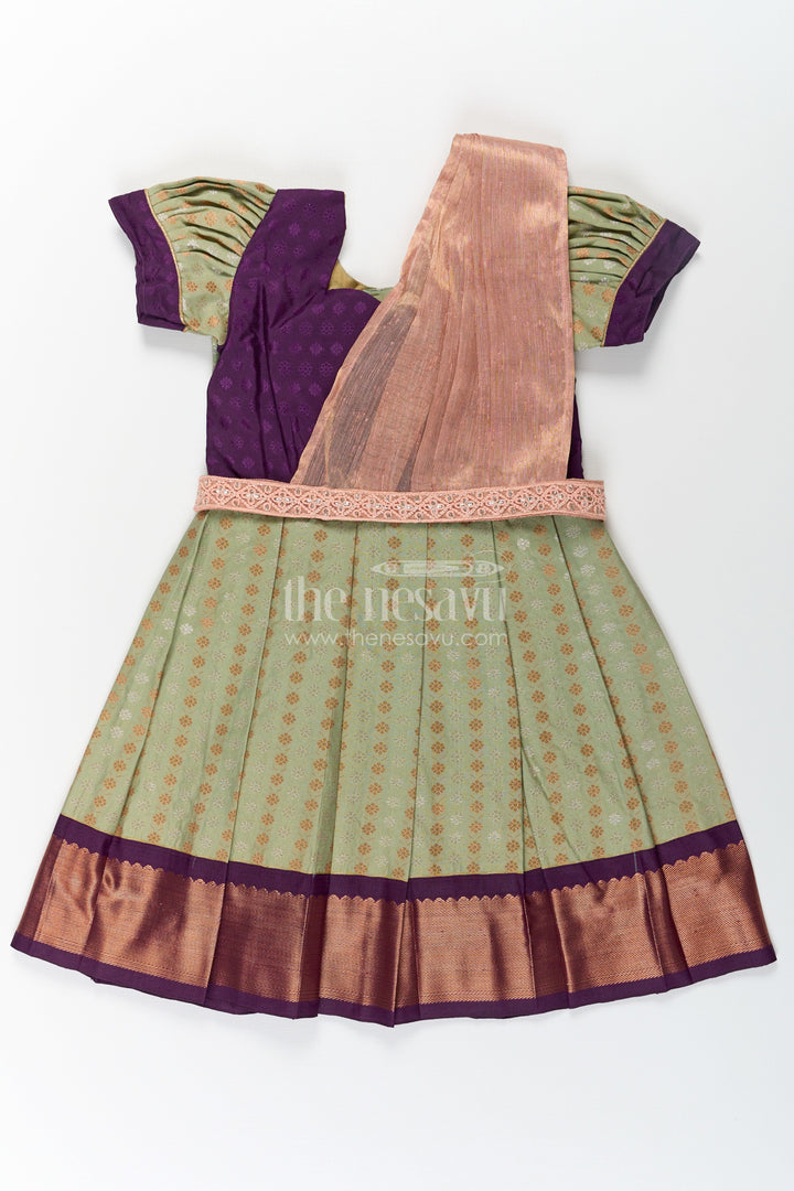 The Nesavu Girls Kanchi Silk Frock Girls Brown Silk Dress in Semi Kanchivaram with Rich Thread Embroidery and Lace Embellished Dupatta Nesavu 20 (3Y) / Green / Style 5 SF846AE-20 Nesavu Girls Brown Silk Dress in Semi Kanchivaram with Embroidered Dupatta and Traditional Zari Patterns