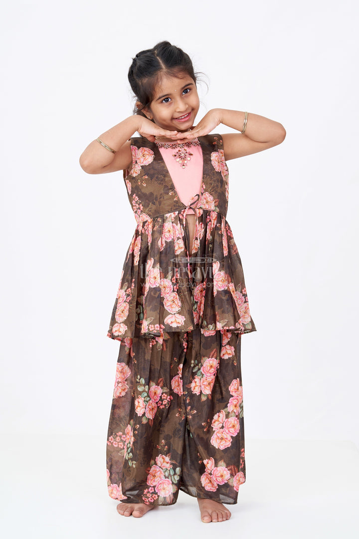 The Nesavu Girls Sharara / Plazo Set Girls Brown Suit Set in Floral Shimmer Georgette  with Peach Embroidered Top and Peplum Jacket Nesavu 16 (1Y) / Green GPS559A-16 Nesavu Girls Brown Suit Set Floral Shimmer Georgette Palazzo Jacket Peach Embroidered Top