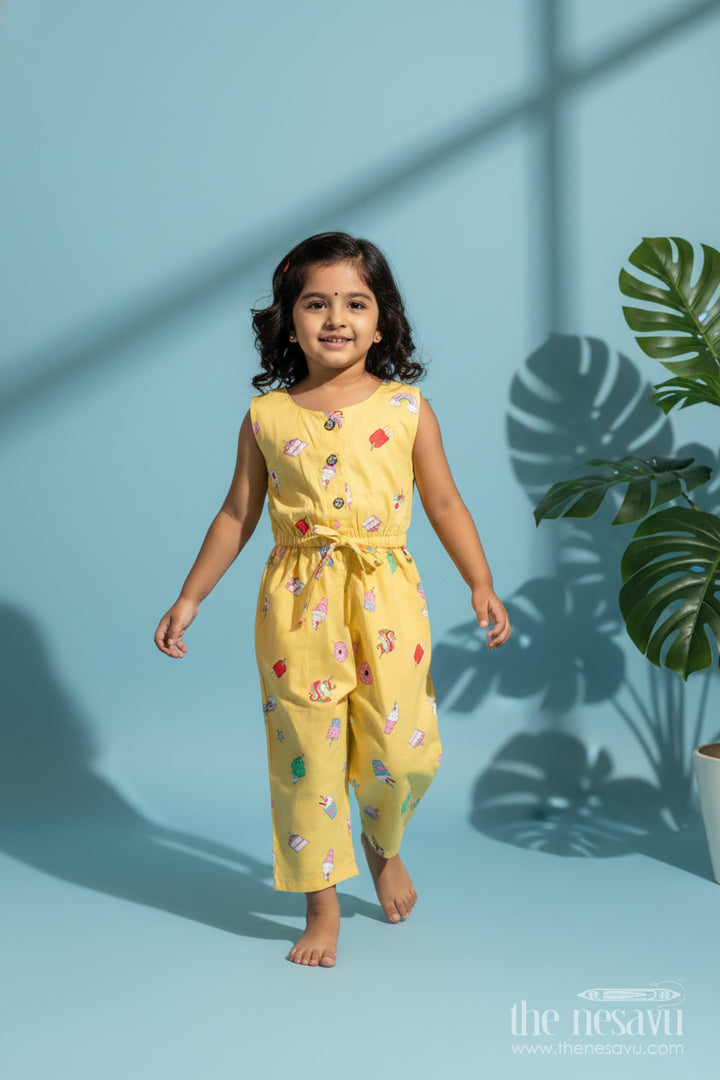 The Nesavu Girls Jumpsuit Girls Candy-Themed Jumpsuit with Fun Print and Headband Nesavu 20 (3Y) / Yellow GFC1895A-20 Nesavu Girls Yellow Jumpsuit Candy Print Sleeveless Cotton Outfit Belt Headband