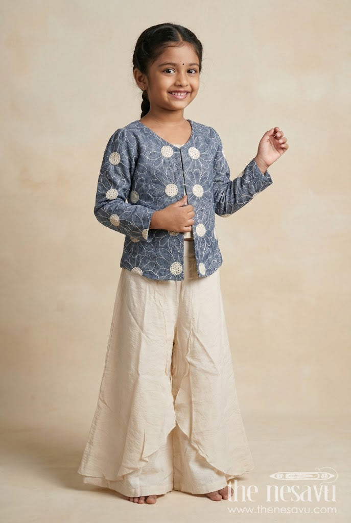 The Nesavu Girls Casual Set Girls Casual Co-Ord Set for Outings and Playdates Nesavu 24 (5Y) / Gray GPS897A-24 Nesavu girls cotton co-ord set embroidered shrug casual outings playdates