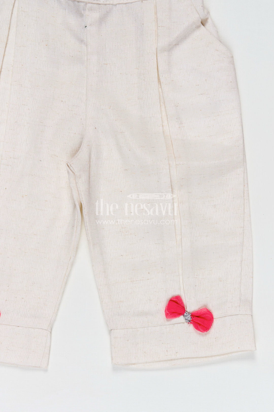 The Nesavu Girls Casual Set Girls Casual Dresses Online Pink Embroidered Cotton Top with White Pants and Cute Bow Accents Nesavu Nesavu Girls Casual Dresses Online Pink Embroidered Cotton Top Matching White Pants Bow Details