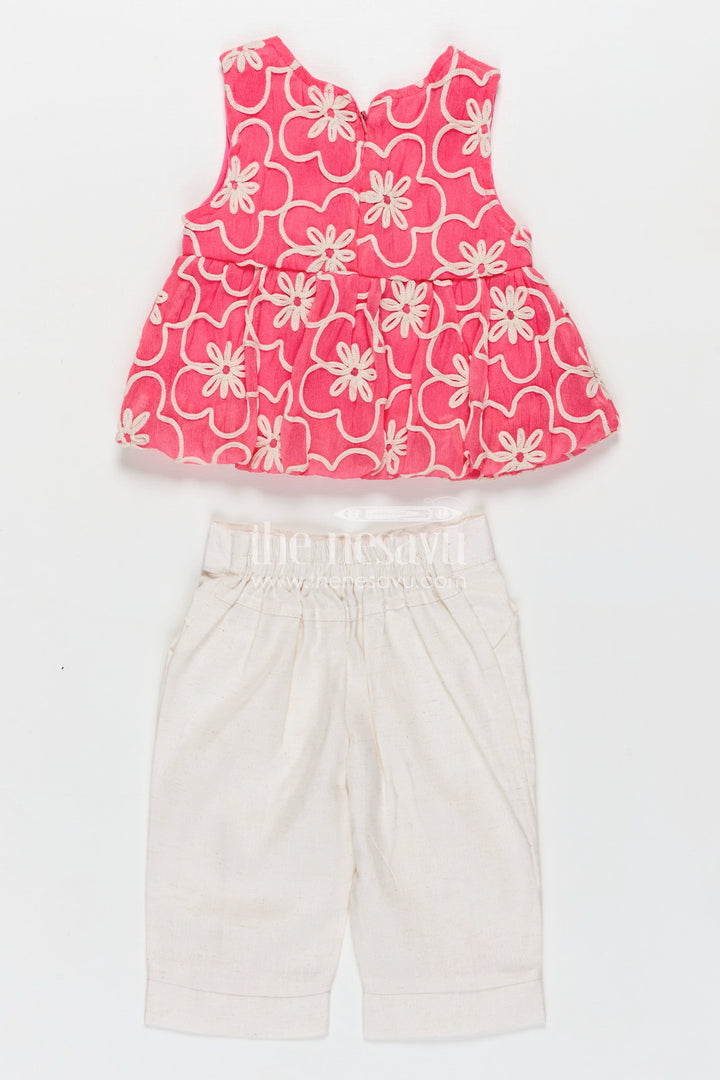 The Nesavu Girls Casual Set Girls Casual Dresses Online Pink Embroidered Cotton Top with White Pants and Cute Bow Accents Nesavu Nesavu Girls Casual Dresses Online Pink Embroidered Cotton Top Matching White Pants Bow Details