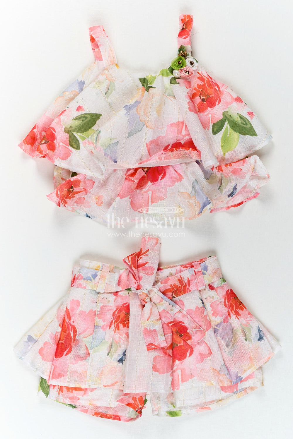 The Nesavu Girls casual floral set for summer outings and travel days Nesavu 18 (2Y) / Peach BFJ858A-18 Nesavu girls cotton casual set floral digital print  perfect travel playdates summer fun