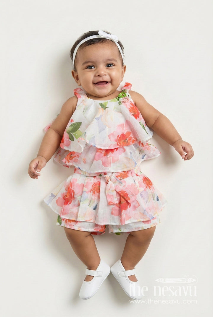 The Nesavu Girls Casual Set Girls Casual Floral Set for Summer Outings and Travel Days Nesavu 18 (2Y) / Peach BFJ858A-18 Nesavu girls cotton casual set floral digital print  perfect travel playdates summer fun