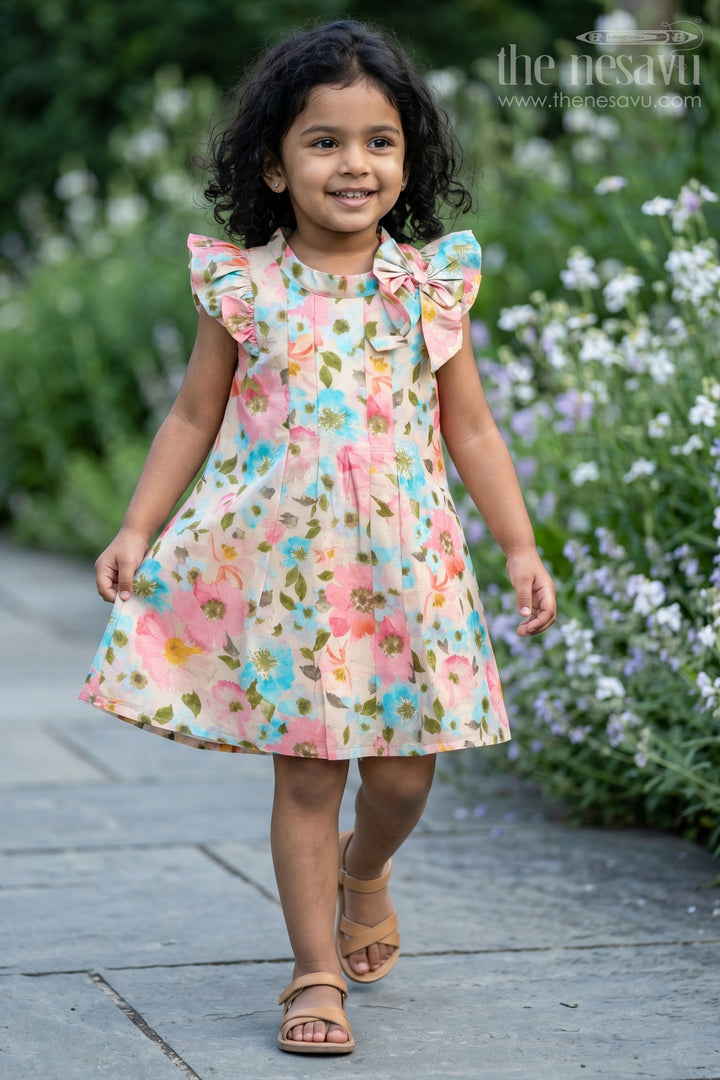 The Nesavu Girls Cotton Frock Girls Casual Frocks in Muslin Silk with Soft Floral Print and Stylish Bow Nesavu 16 (1Y) / Multicolor GFC1608A-16 Girls Casual Frocks Muslin Silk Soft Floral Print Stylish Bow | The Nesavu