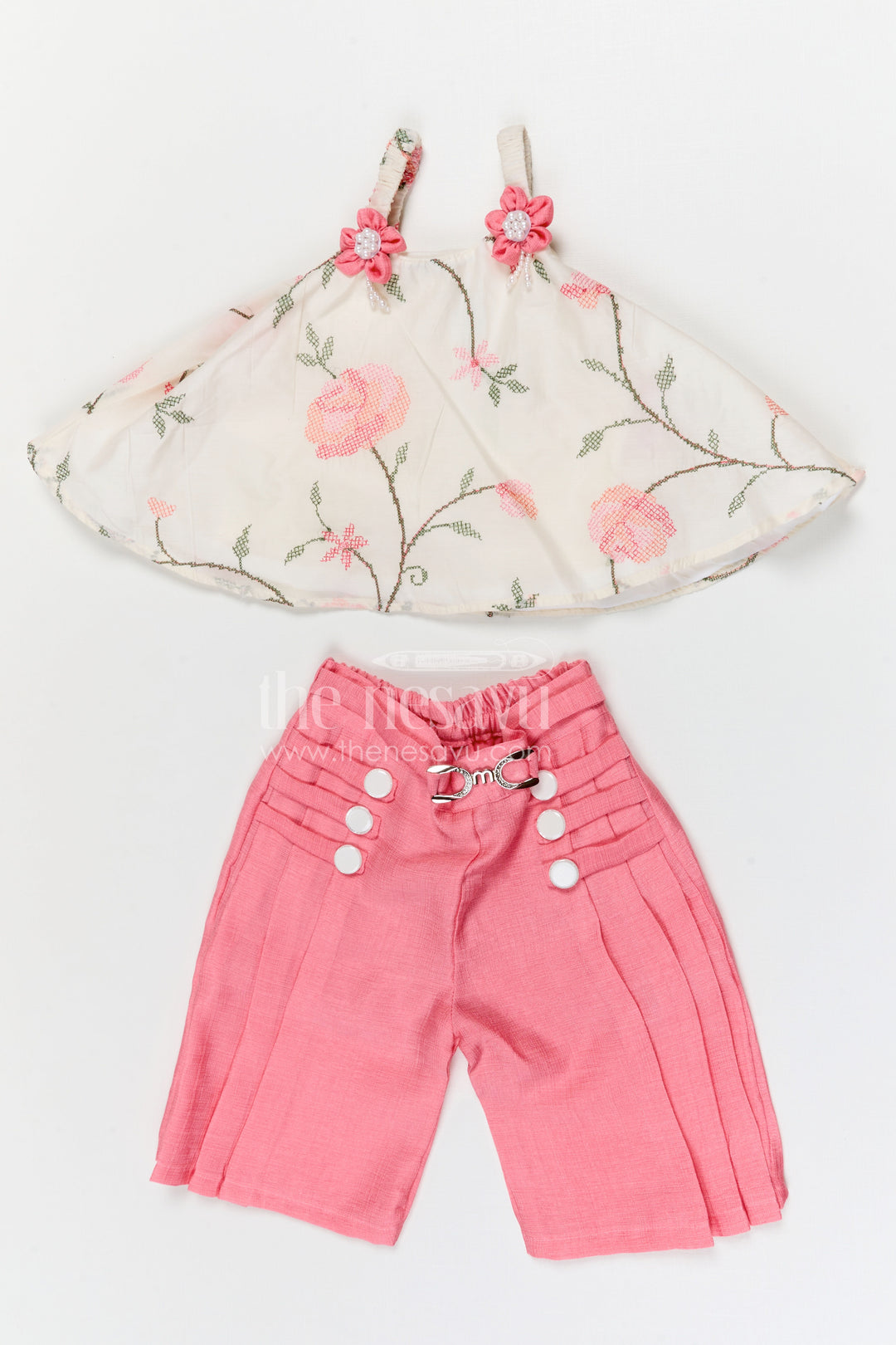 The Nesavu Girls Casual Set Girls Casual Outfit Set for Summer Outings and Comfortable Everyday Wear Nesavu 18 (2Y) / Pink / Cotton GPS1016A-18 Nesavu girls cotton blend casual set with thread embroidery for summer outings and play