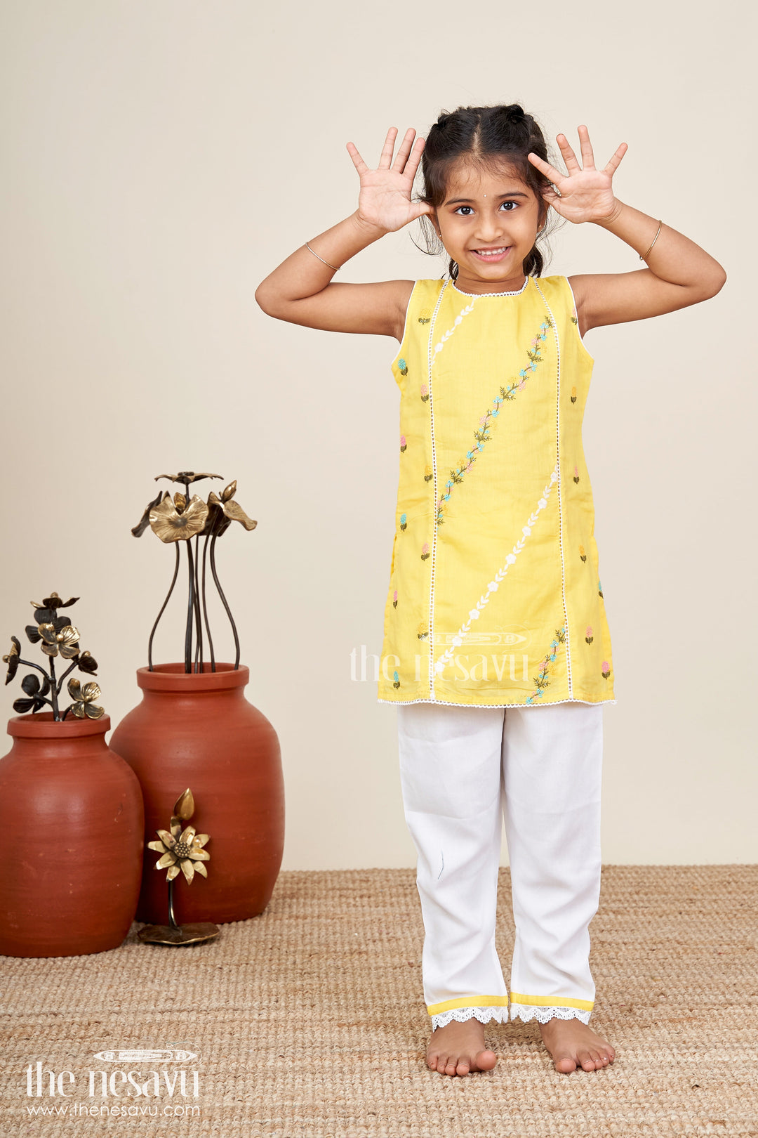 The Nesavu Girls Casual Set Girls Casual Simple Dress Design in Cotton with Yellow Embroidered Top and White Pants with Lace Hem Nesavu 18 (2Y) / Yellow GPS624B-18 Nesavu Girls Casual Simple Dress Design Yellow Embroidered Cotton Top White Pants