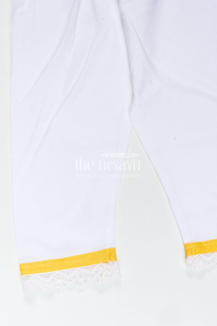 The Nesavu Girls Casual Set Girls Casual Simple Dress Design in Cotton with Yellow Embroidered Top and White Pants with Lace Hem Nesavu Nesavu Girls Casual Simple Dress Design Yellow Embroidered Cotton Top White Pants