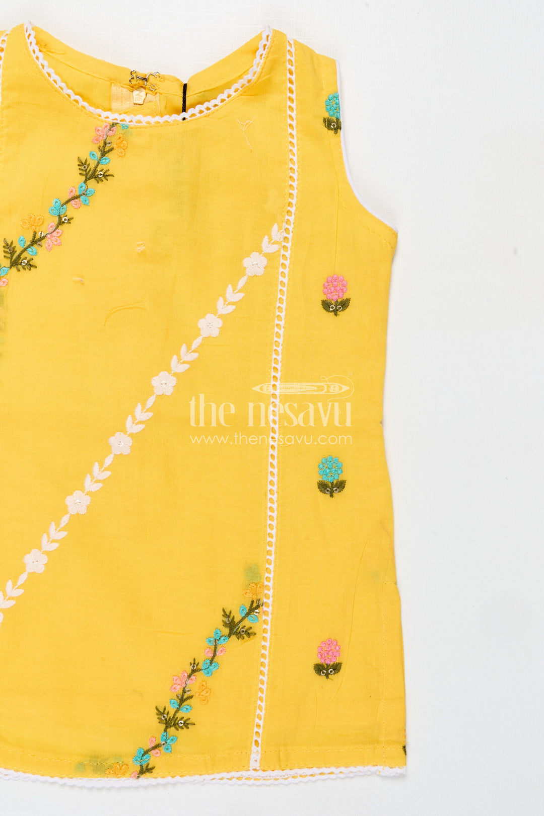 The Nesavu Girls Casual Set Girls Casual Simple Dress Design in Cotton with Yellow Embroidered Top and White Pants with Lace Hem Nesavu Nesavu Girls Casual Simple Dress Design Yellow Embroidered Cotton Top White Pants