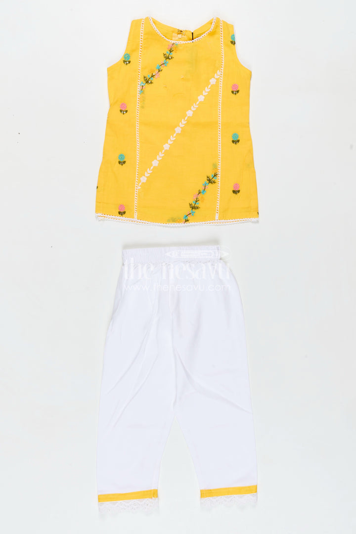The Nesavu Girls Casual Set Girls Casual Simple Dress Design in Cotton with Yellow Embroidered Top and White Pants with Lace Hem Nesavu Nesavu Girls Casual Simple Dress Design Yellow Embroidered Cotton Top White Pants