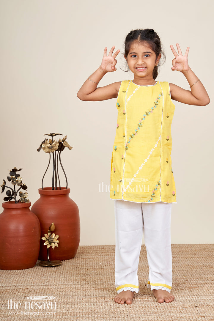 The Nesavu Girls Casual Set Girls Casual Simple Dress Design in Cotton with Yellow Embroidered Top and White Pants with Lace Hem Nesavu Nesavu Girls Casual Simple Dress Design Yellow Embroidered Cotton Top White Pants