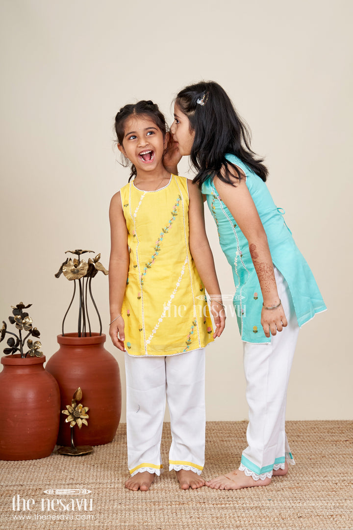 The Nesavu Girls Casual Set Girls Casual Simple Dress Design in Cotton with Yellow Embroidered Top and White Pants with Lace Hem Nesavu Nesavu Girls Casual Simple Dress Design Yellow Embroidered Cotton Top White Pants