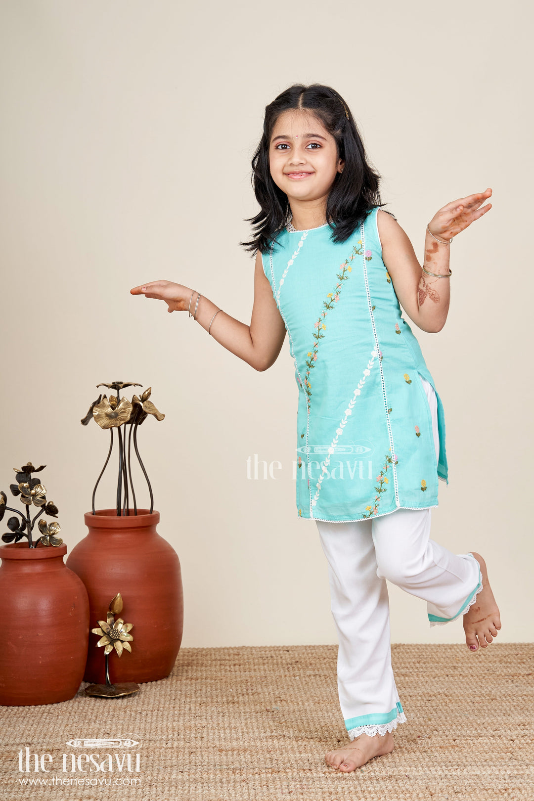The Nesavu Girls Casual Set Girls Casual Smart Dresses in Cotton with Turquoise Embroidered Sleeveless Top and White Pants Nesavu 18 (2Y) / Blue GPS624A-18 Nesavu Girls Casual Smart Dresses Cotton Embroidered Turquoise Top White Lace Pants
