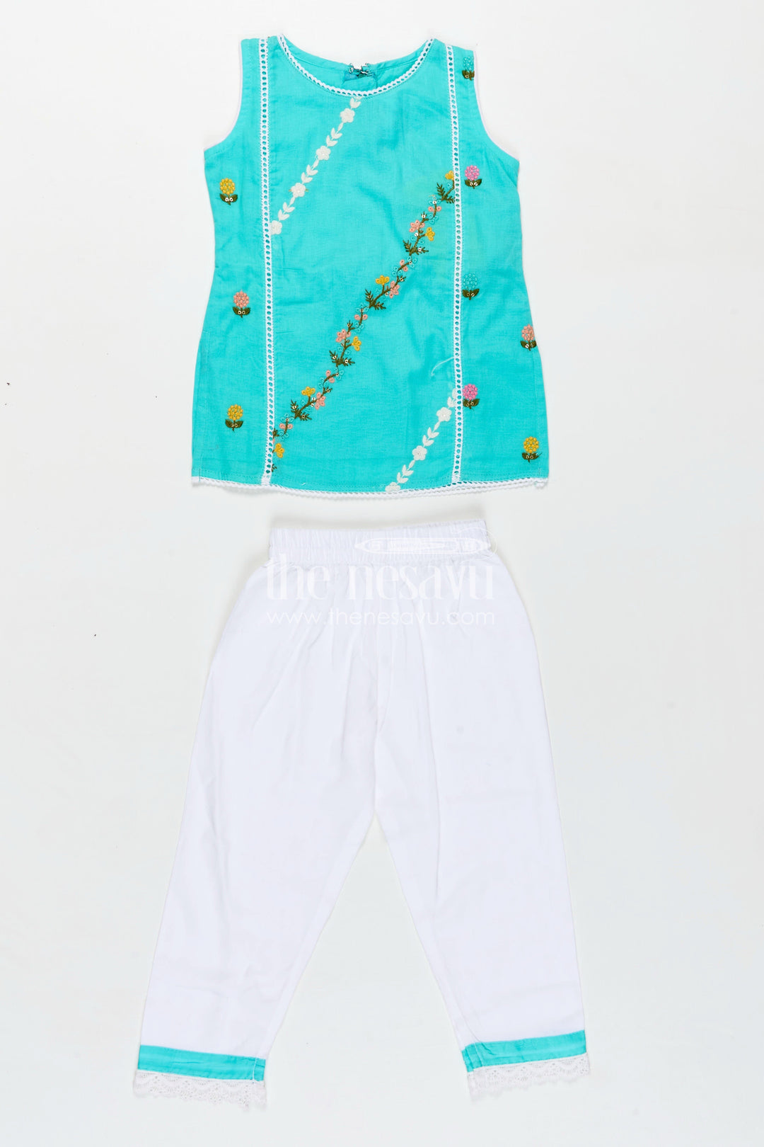 The Nesavu Girls Casual Set Girls Casual Smart Dresses in Cotton with Turquoise Embroidered Sleeveless Top and White Pants Nesavu Nesavu Girls Casual Smart Dresses Cotton Embroidered Turquoise Top White Lace Pants