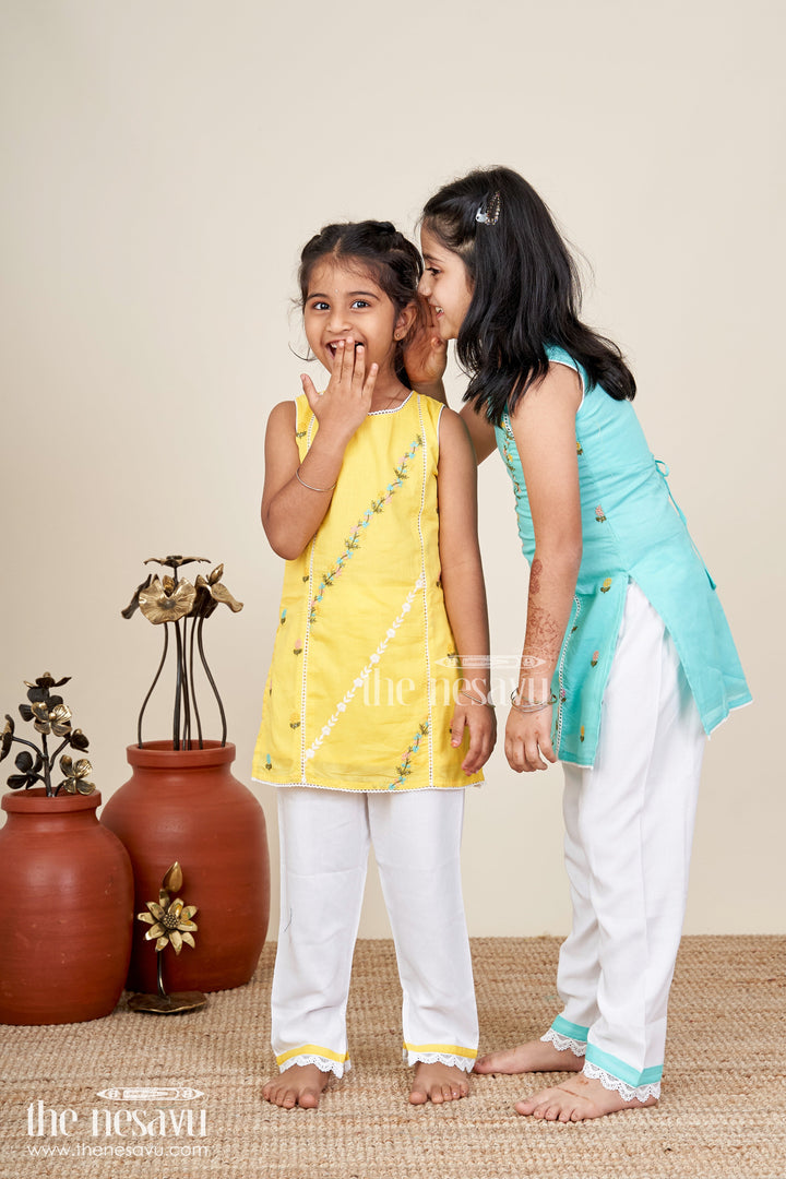 The Nesavu Girls Casual Set Girls Casual Smart Dresses in Cotton with Turquoise Embroidered Sleeveless Top and White Pants Nesavu Nesavu Girls Casual Smart Dresses Cotton Embroidered Turquoise Top White Lace Pants