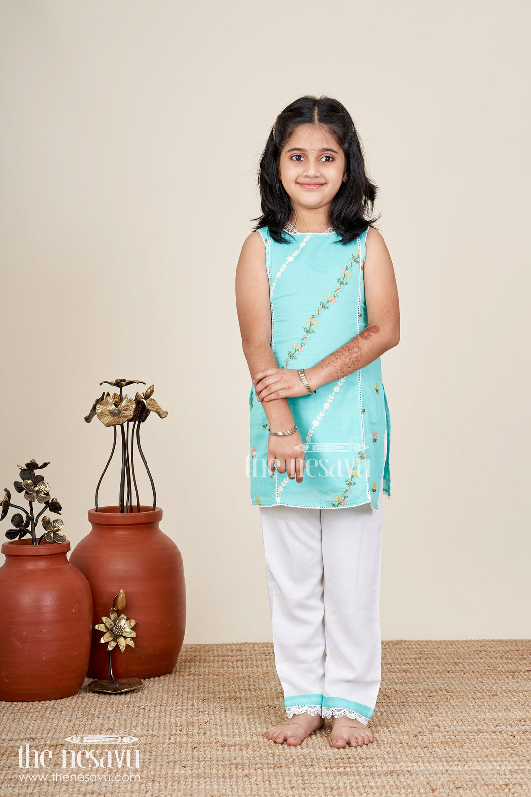 The Nesavu Girls Casual Set Girls Casual Smart Dresses in Cotton with Turquoise Embroidered Sleeveless Top and White Pants Nesavu Nesavu Girls Casual Smart Dresses Cotton Embroidered Turquoise Top White Lace Pants