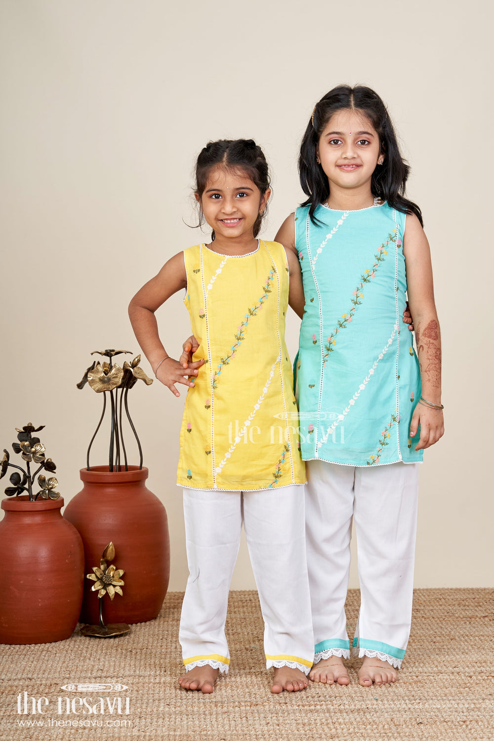 The Nesavu Girls Casual Set Girls Casual Smart Dresses in Cotton with Turquoise Embroidered Sleeveless Top and White Pants Nesavu Nesavu Girls Casual Smart Dresses Cotton Embroidered Turquoise Top White Lace Pants
