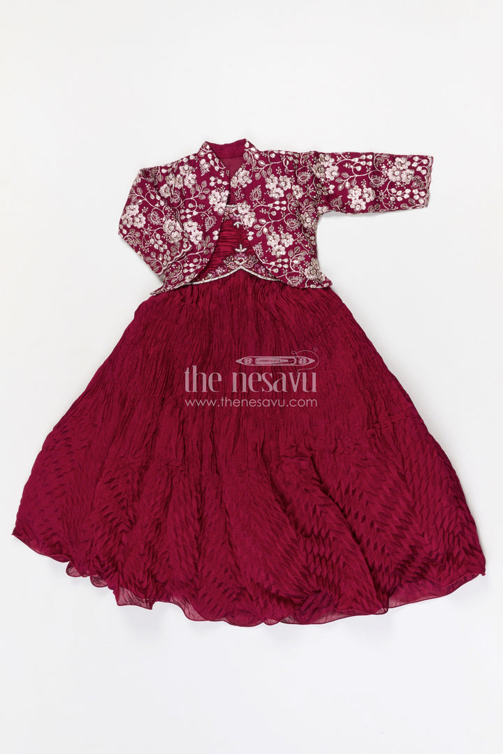 The Nesavu Girls Casual Gown Girls Celebration Gown for Parties and Festive Occasions Nesavu Nesavu girls georgette celebration gown with designer embroidered jacket for parties