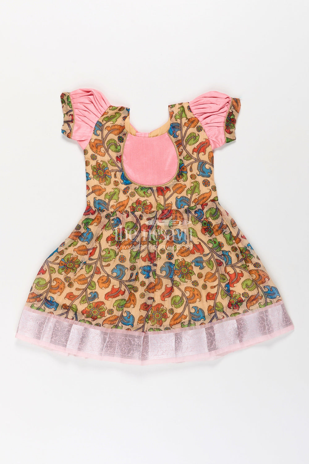 The Nesavu Silk Frock Girls Chanderi Cotton Fashion Dress with Pink Puff Sleeves and Colorful Floral Print for Everyday Charm Nesavu Nesavu Girls Chanderi Cotton Fashion Dress Pink Yoke Colorful Floral Print Everyday Wear