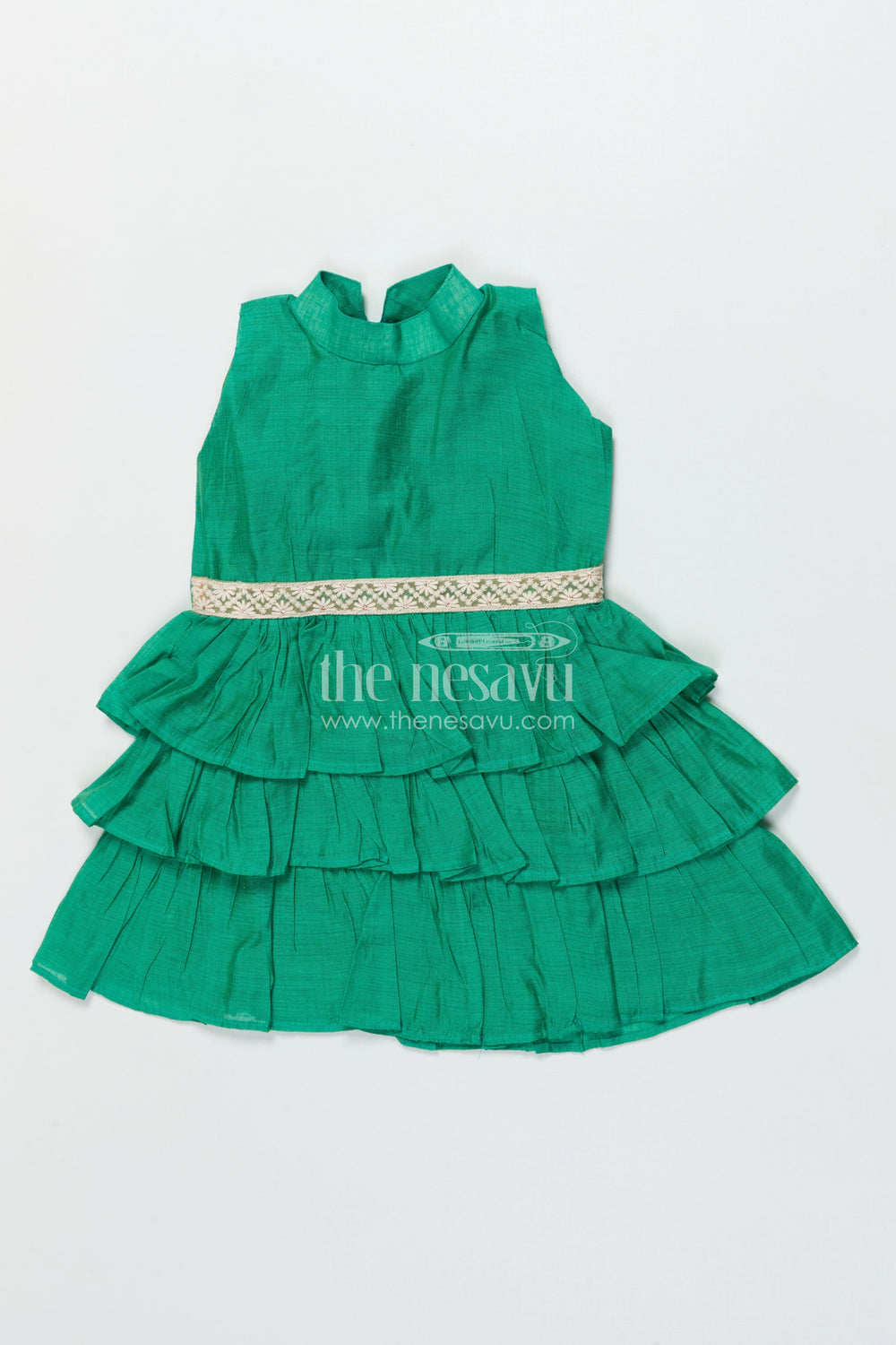 The Nesavu Girls Chanderi Frock Girls Chanderi Cotton Frock for Festive Wear and Special Occasions Nesavu 18 (2Y) / Green GFC2011A-18 Nesavu girls green chanderi frock festive occasions cultural events family gatherings
