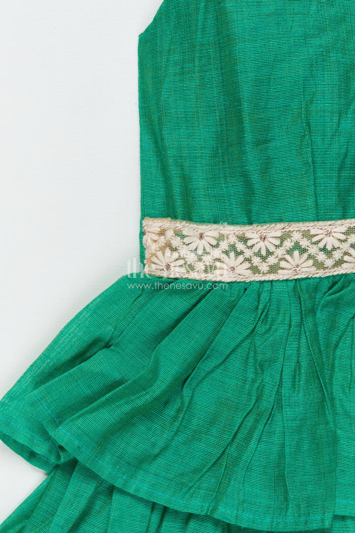 The Nesavu Girls Chanderi Frock Girls Chanderi Cotton Frock for Festive Wear and Special Occasions Nesavu Nesavu girls green chanderi frock festive occasions cultural events family gatherings