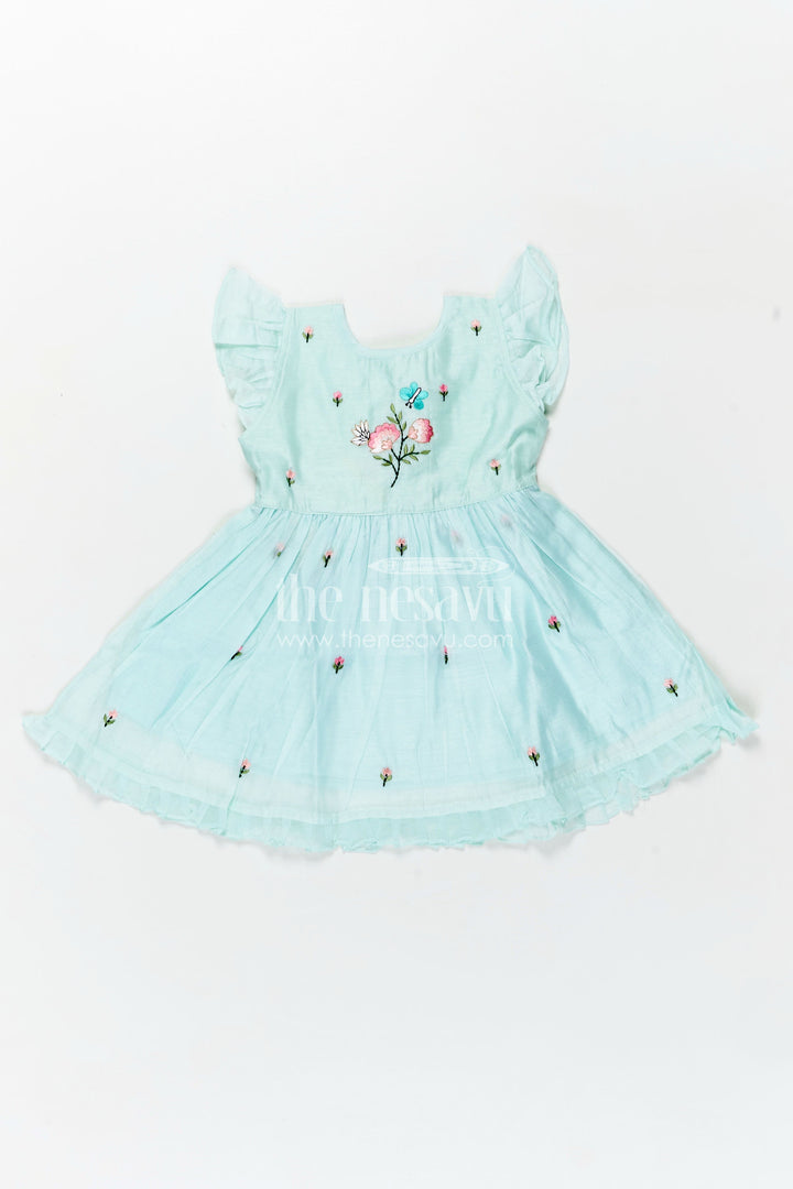 The Nesavu Girls Chanderi Frock Girls Chanderi Cotton Frock Ki Design in Mint Green with Floral and Butterfly Embroidery for Everyday Elegance Nesavu Nesavu Girls Chanderi Cotton Mint Green Frock Ki Design Floral Embroidery Soft Frills
