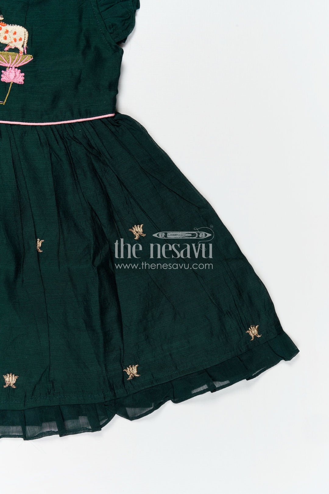 The Nesavu Girls Chanderi Frock Girls Chanderi Cotton Frock Style with Elephant Lotus Embroidery and Pleated Skirt in Forest Green Nesavu Nesavu Girls Chanderi Cotton Frock Style Elephant Lotus Embroidery Frill Detailing