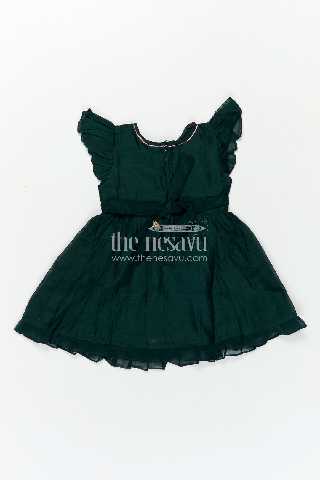 The Nesavu Girls Chanderi Frock Girls Chanderi Cotton Frock Style with Elephant Lotus Embroidery and Pleated Skirt in Forest Green Nesavu Nesavu Girls Chanderi Cotton Frock Style Elephant Lotus Embroidery Frill Detailing