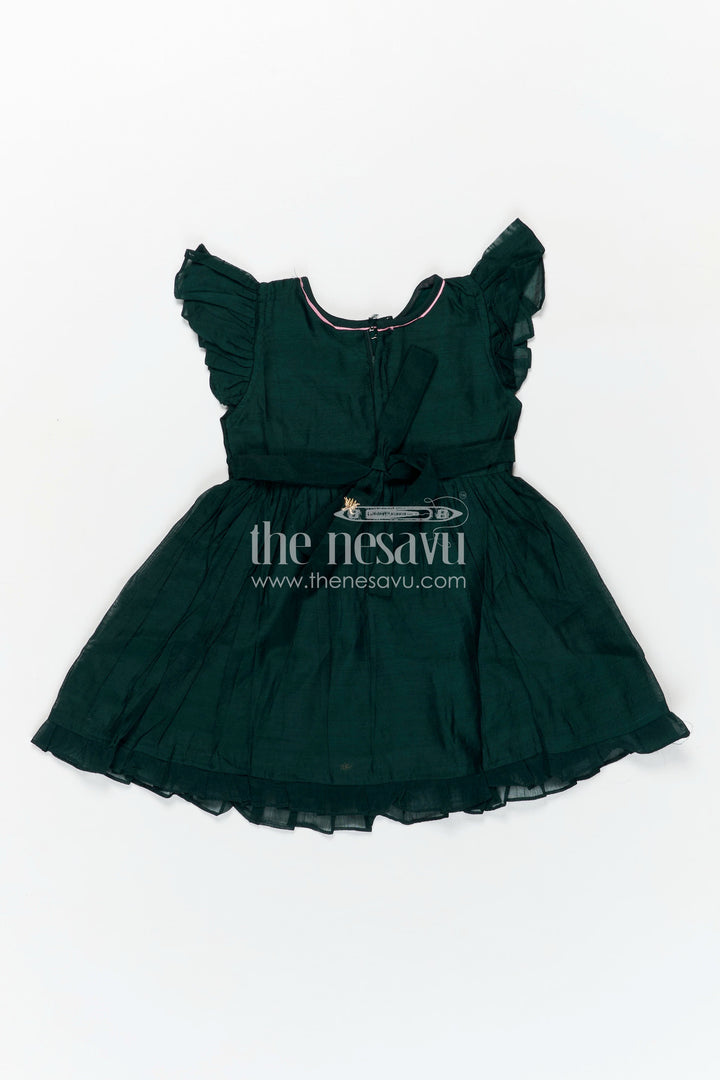 The Nesavu Girls Chanderi Frock Girls Chanderi Cotton Frock Style with Elephant Lotus Embroidery and Pleated Skirt in Forest Green Nesavu Nesavu Girls Chanderi Cotton Frock Style Elephant Lotus Embroidery Frill Detailing