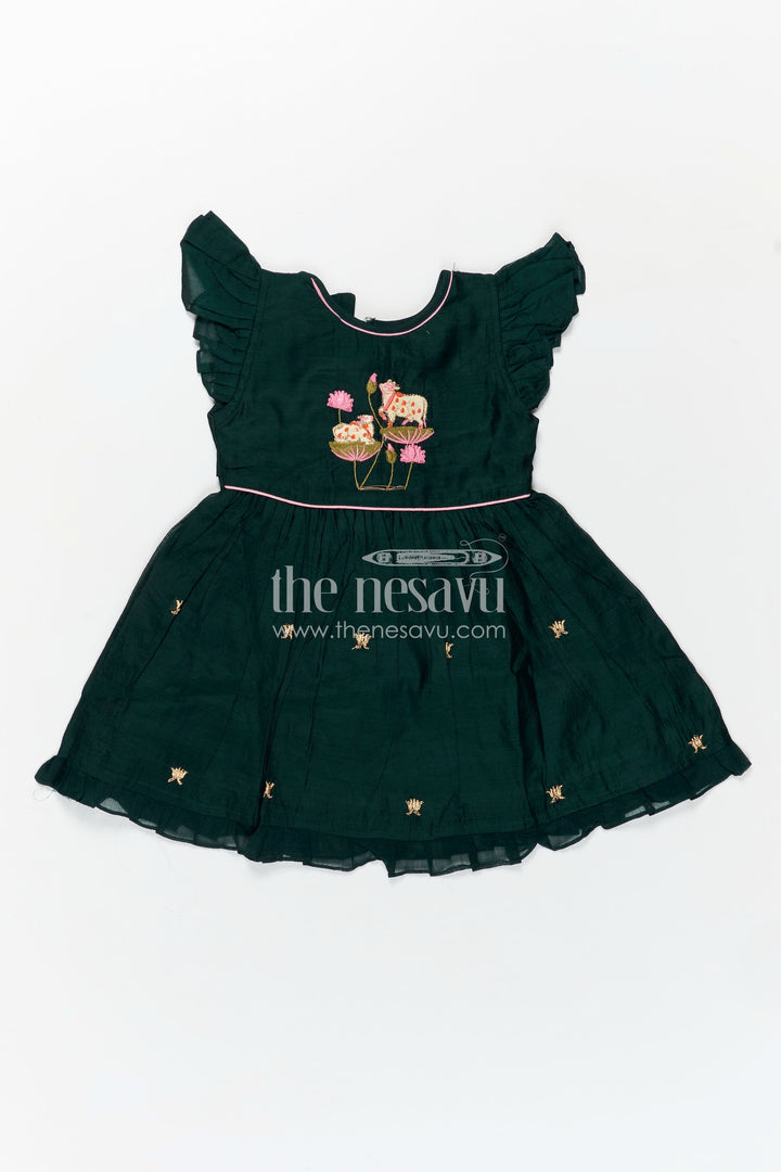 The Nesavu Girls Chanderi Frock Girls Chanderi Cotton Frock Style with Elephant Lotus Embroidery and Pleated Skirt in Forest Green Nesavu Nesavu Girls Chanderi Cotton Frock Style Elephant Lotus Embroidery Frill Detailing