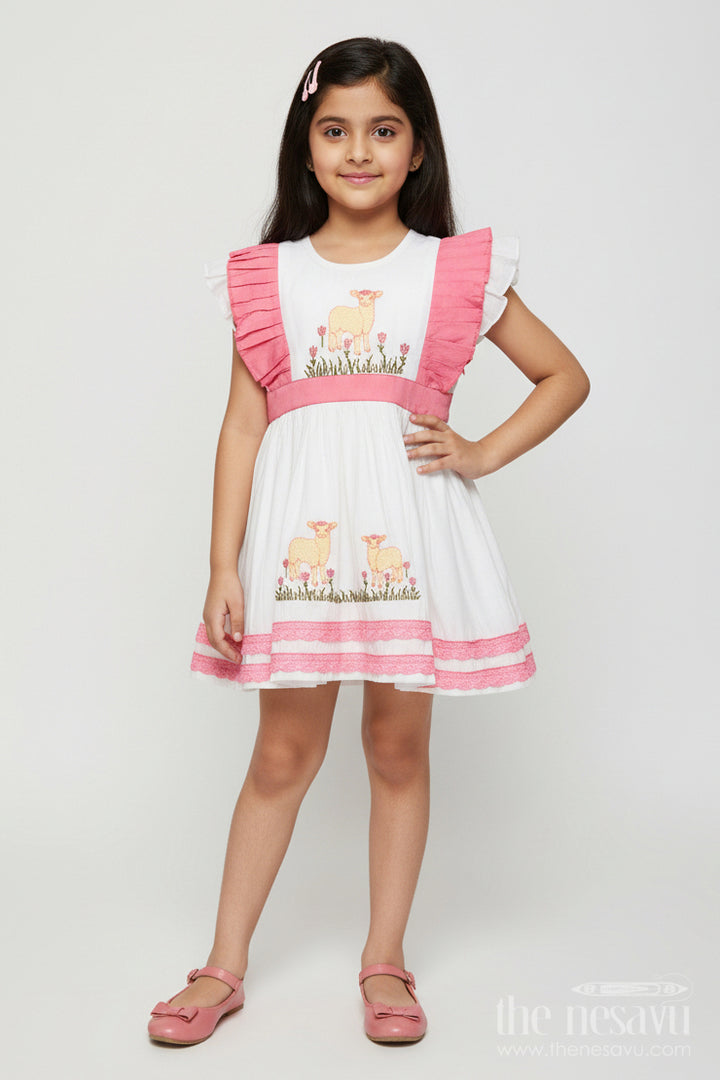 The Nesavu Girls Chanderi Frock Girls Chanderi Cotton Frock with Lamb Embroidery for Birthday Events Nesavu 16 (1Y) / Half white GFC1985A-16 Nesavu girls Chanderi cotton frock lamb embroidery  perfect birthdays parties