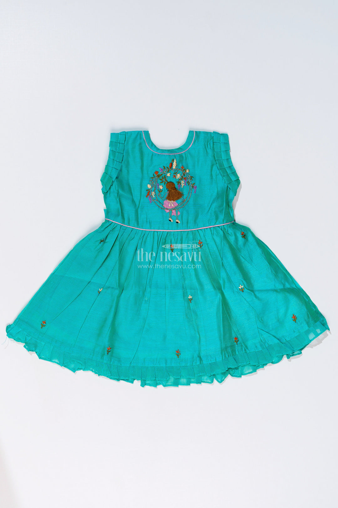 The Nesavu Girls Chanderi Frock Girls Chanderi Cotton Frock with Peacock Embroidery and Ruffled Sleeves for Elegant Occasions Nesavu 16 (1Y) / Turquoise GFC1649A-16 Nesavu Girls Chanderi Cotton Frock Peacock Embroidery Ruffled Sleeves Festive Wear